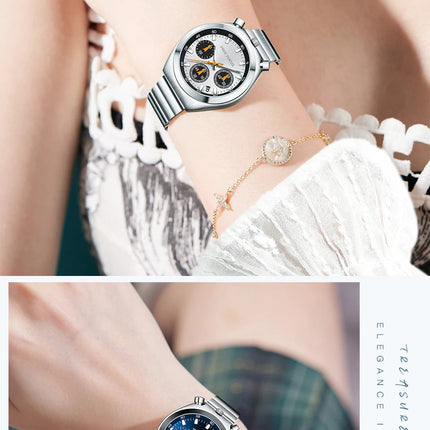 MINI FOCUS Orologio al quarzo verde argento per donna Orologio da polso cronografo con cinturino in acciaio inossidabile moda con lancette luminose Data 0491 platinumshop