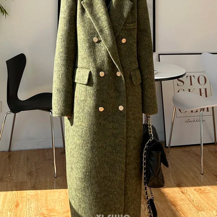 High-end Thick Double-sided Wool Coat Female Fashion Long  Autumn Winter Lapel Double Breasted Wool Coat Women Loose Outerwear