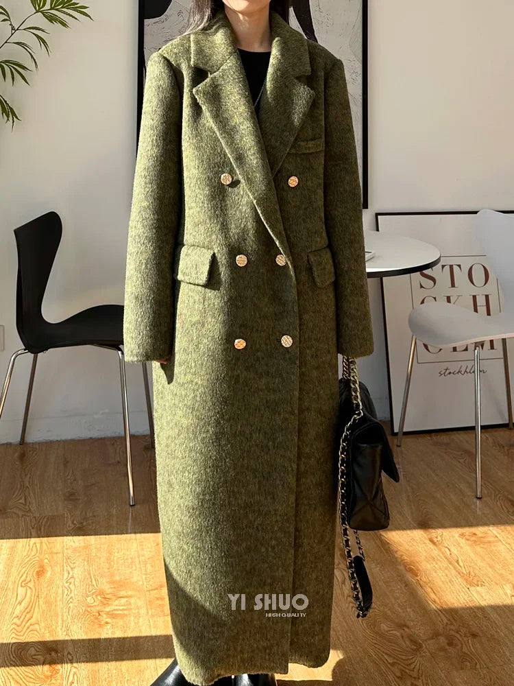 High-end Thick Double-sided Wool Coat Female Fashion Long  Autumn Winter Lapel Double Breasted Wool Coat Women Loose Outerwear