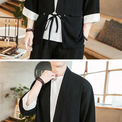 Nuova Camicia Uomo Kimono Giapponese in Cotone e Lino, T-shirt Comoda e Traspirante, Costume da Samurai Tradizionale, Camicia Casual Haori per Uomo