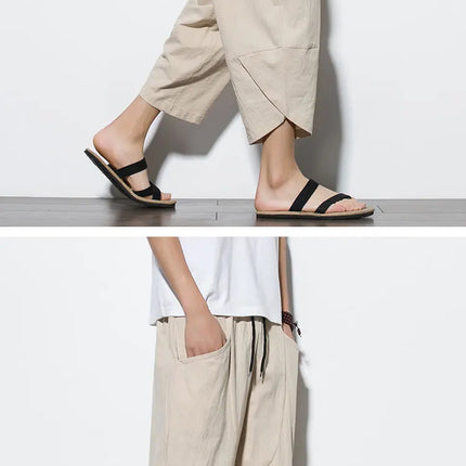 Pantaloni Estivi da Uomo 2026 Stile Cinese in Cotone e Lino, Pantaloni Harem Traspiranti da Spiaggia, Pantaloni Casual a Tre Quarti, Streetwear