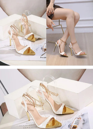 New Summer Sandals Women Fashion Gold Chain Ankle Strap Sexy Peep Toe Ladies Metal High Heels Sandals Woman Party Shoes Pumps PlatiNum
