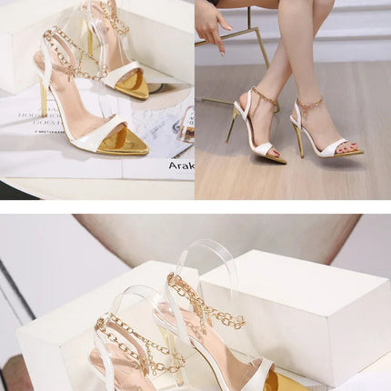 New Summer Sandals Women Fashion Gold Chain Ankle Strap Sexy Peep Toe Ladies Metal High Heels Sandals Woman Party Shoes Pumps PlatiNum