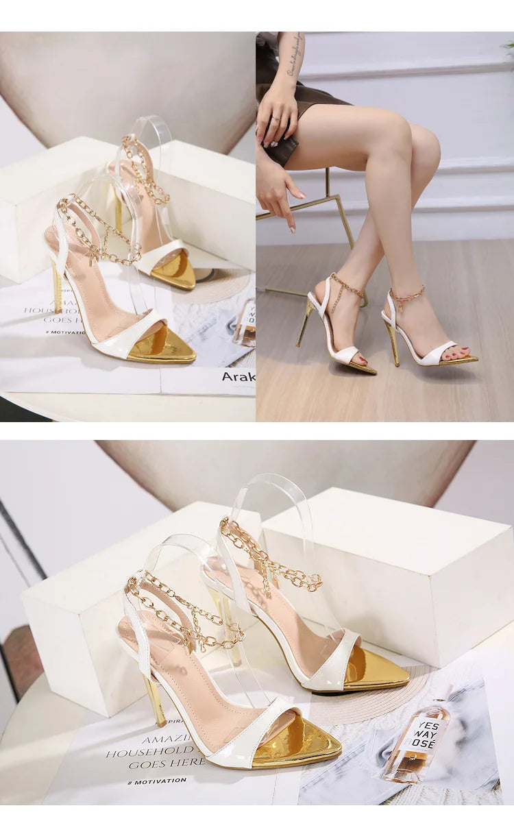 New Summer Sandals Women Fashion Gold Chain Ankle Strap Sexy Peep Toe Ladies Metal High Heels Sandals Woman Party Shoes Pumps PlatiNum