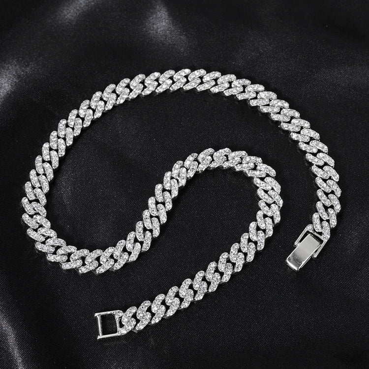Hip Hop Men Women 14MM Prong Cuban Link Chain Necklace Bling Iced Out Tennis Chain Rhinestone Paved Miami Cuban Necklace Jewelry PlatiNum
