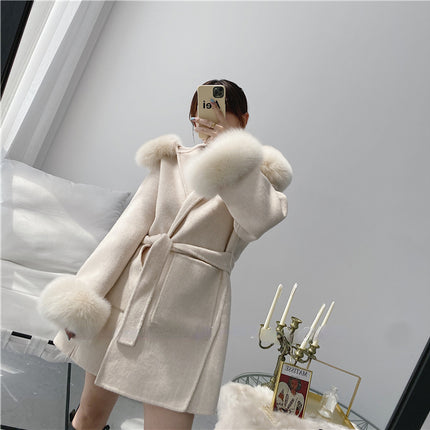 2024 New Oversize Ladies Outerwear Real Fur Coat Winter Jacket Women Natural Fox Fur Collar Cuffs Hood Cashmere Wool Woolen
