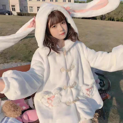 Kawaii Winter Clothes Cute Coats Women Rabbit Cosplay Costume Ears Hooded Lamb Wool Lolita Outwear Y2K Thicked Cartoon Jackets