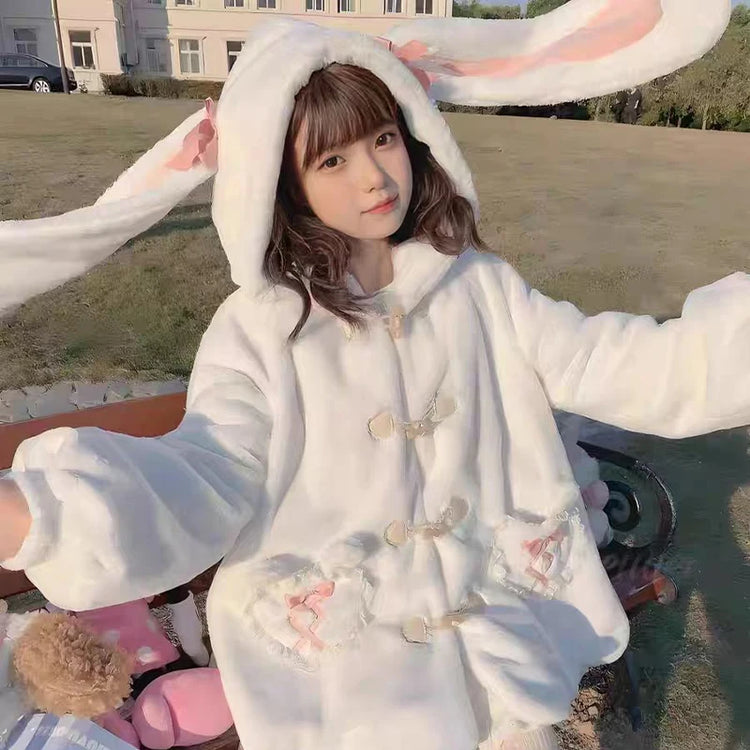 Kawaii Winter Clothes Cute Coats Women Rabbit Cosplay Costume Ears Hooded Lamb Wool Lolita Outwear Y2K Thicked Cartoon Jackets