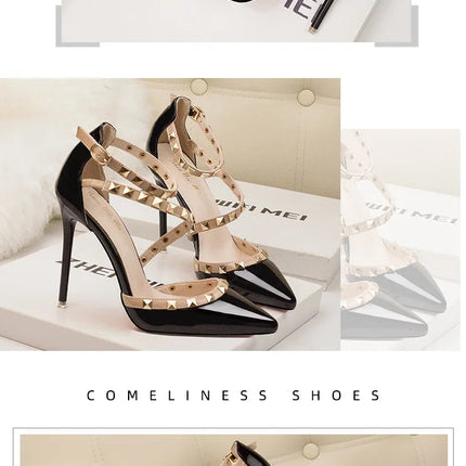 Scarpe tacco alto da donna estive in Europa e America Moda punta a punta bocca superficiale rivetto scava fuori sandali a spillo da discoteca platinumshop