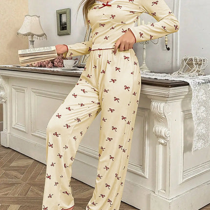 Primavera e autunno nuovi indumenti da notte da donna con fiocco a farfalla a maniche lunghe set stampato elastico da donna casual comodi vestiti per la casa