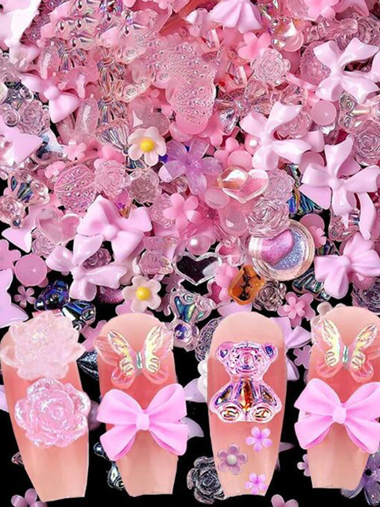 500-600pcs Mixed Aurora Pink Bow/Flower Nail Charms 50g Kwaii Resin Butterfly,Bowknot Y2K Nail Art Decorations DIY Manicure Part