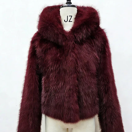 BKQU Winter Pink Imitation Fur Coat Elegant Big Fur Trim Hood Women's Jacket Warm Plush Cropped Sweet Lady Faux Fur Coat  2026