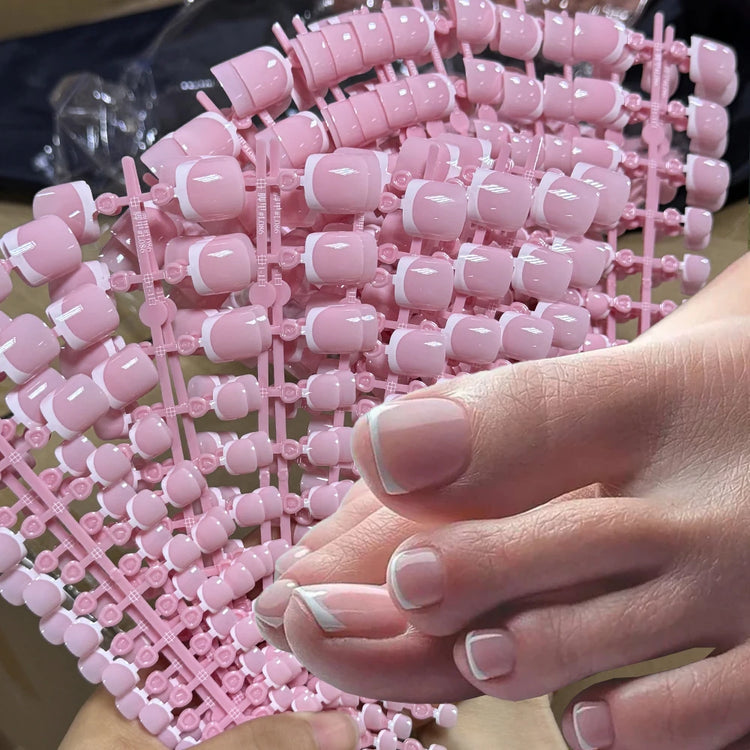 120Pcs Short Square Pink French Full‑Cover Toe Nail Tips White Edge Soft Gel Press‑On Toenails