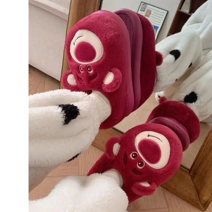 Fashion Strawberry Bear Girl Plush Cotton Slippers for Winter Warmth Indoor with Soft Plush Leisure Cotton Slippers Gifts