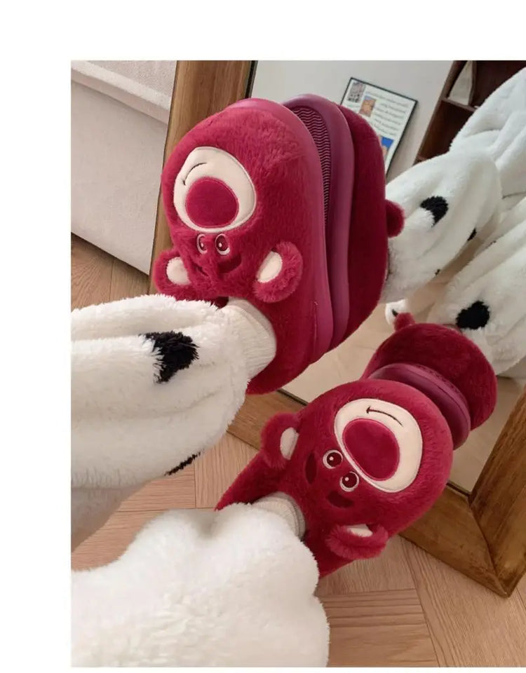 Fashion Strawberry Bear Girl Plush Cotton Slippers for Winter Warmth Indoor with Soft Plush Leisure Cotton Slippers Gifts