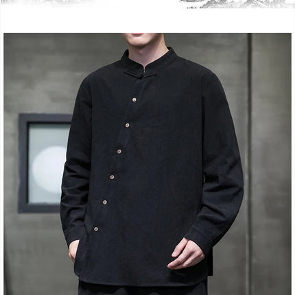 Camicie di lino in cotone Stile cinese Abito tradizionale retrò Tang Top da uomo Kung Fu Tai Chi Camicie casual a maniche lunghe in tinta unita da uomo