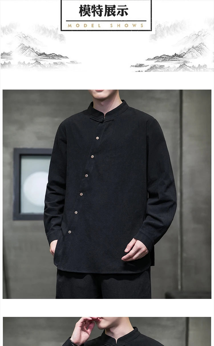 Camicie di lino in cotone Stile cinese Abito tradizionale retrò Tang Top da uomo Kung Fu Tai Chi Camicie casual a maniche lunghe in tinta unita da uomo