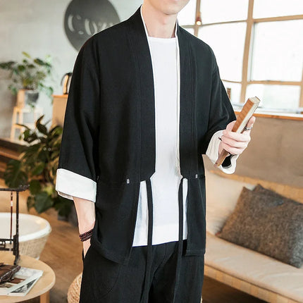 Nuova Camicia Uomo Kimono Giapponese in Cotone e Lino, T-shirt Comoda e Traspirante, Costume da Samurai Tradizionale, Camicia Casual Haori per Uomo