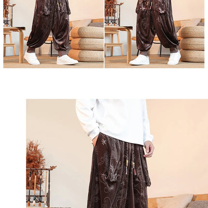 Pantaloni da uomo stile cinese retrò allentato drago scuro stampa pantaloni a gamba larga Kung Fu Tai Chi pantaloni casual tradizionali taglie forti 5XL