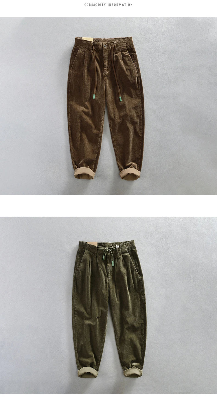 Autumn Winter Classic Cotton Corduroy Casual Mens Pants Comfortable Retro Big Pocket Drawstring Cargo Trousers AZ324