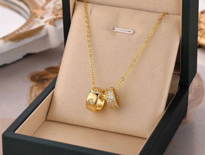 Non Tarnish Luxurious Fashion Crystal Rhombus Necklace with Ring Pendant Gold Color Jewelry for Women PlatiNum