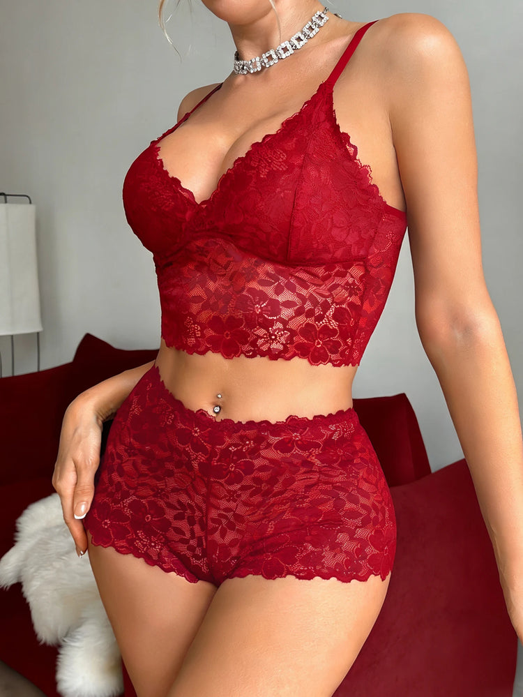 Winter Unlined Lace Women's Underwear Set Hollow-Out Wireless Sexy Bras Breathable Panties Lingerie