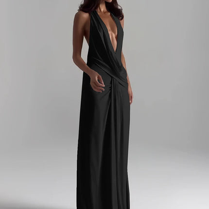 Nibber Criss Cross Collar Summer Dress Women Halter V-Neck Backless Side Slit Solid Sleeveless Slim Sexy Vacation Prom Party Dresses