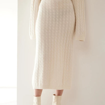 Autumn Winter 100% Cashmere Skirt Women Soild Mid-calf  High Waist Twist Flower Fit Slimming Knitted Dress  Light Luxury Elegant PlatiNum