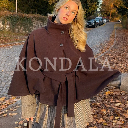 KONDALA Women Fall Casual Elegant Cloak Jacket Stand-Collar Soft Tweed Belt Jacket New 2026 Autumn Winter Trendy Cape Style Coat