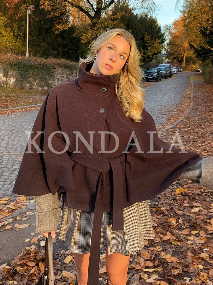 KONDALA Women Fall Casual Elegant Cloak Jacket Stand-Collar Soft Tweed Belt Jacket New 2026 Autumn Winter Trendy Cape Style Coat