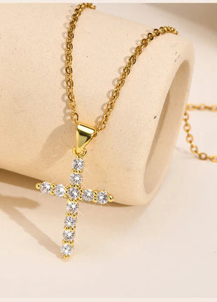 Danity Cubic Zirconia Cross Pendant Necklace for Women, Stainles Steel Chain Adjustable PlatiNum