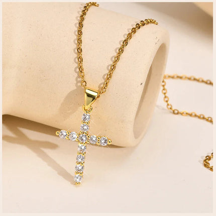 Danity Cubic Zirconia Cross Pendant Necklace for Women, Stainles Steel Chain Adjustable PlatiNum