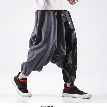 Pantaloni alla moda da uomo Samurai giapponese Ukiyo-e Cintura con stampa Pantaloni stile harem da uomo in cotone e lino Casual Oversize Harajuku Pantaloni a gamba larga da uomo