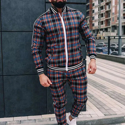 2025 Men Tracksuit 2pc Set Gym Hiking Plaid Zipper Hoodie Cargo Pants Autumn Athleisure Outfit Fleece Jogger Sportswear PlatiNum