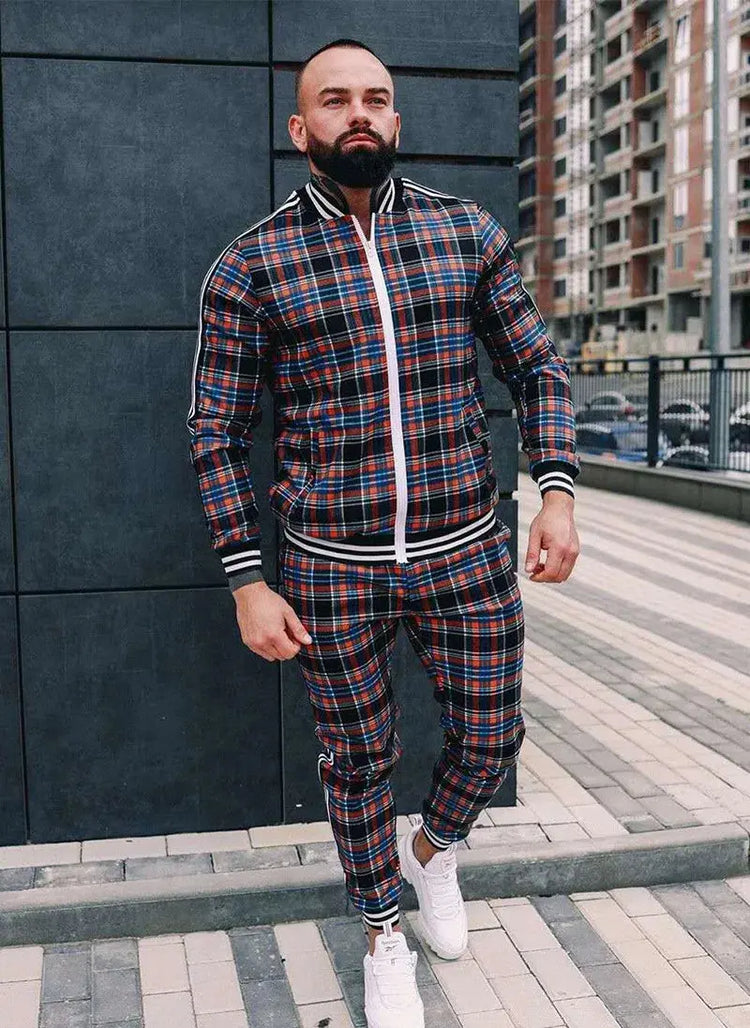 2025 Men Tracksuit 2pc Set Gym Hiking Plaid Zipper Hoodie Cargo Pants Autumn Athleisure Outfit Fleece Jogger Sportswear PlatiNum
