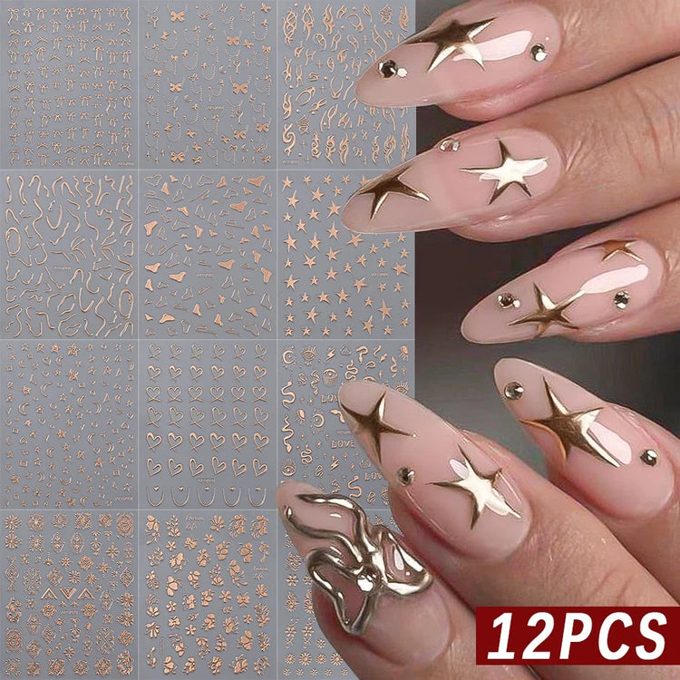 12Pcs 3D Rainbow Bowknot Star Geometry Lines Nail Stickers Love/Frame/Flower Self-Adhesive Nails Sliders 8*10cm Manicure Decals