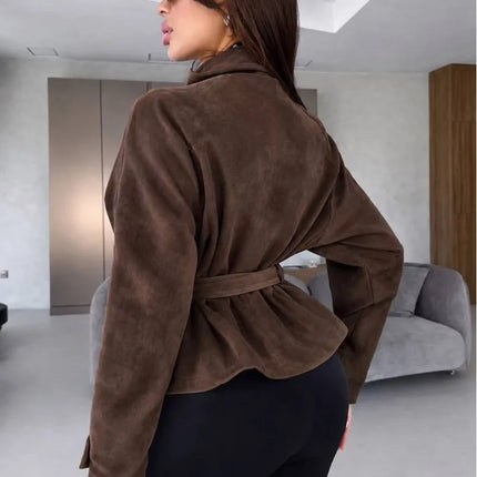 Elegant Suede Women Jacket Turn Down Collar Double Breasted Belt Waist Slim Jackets 2026 Autumn Winter Female Fashion Tops