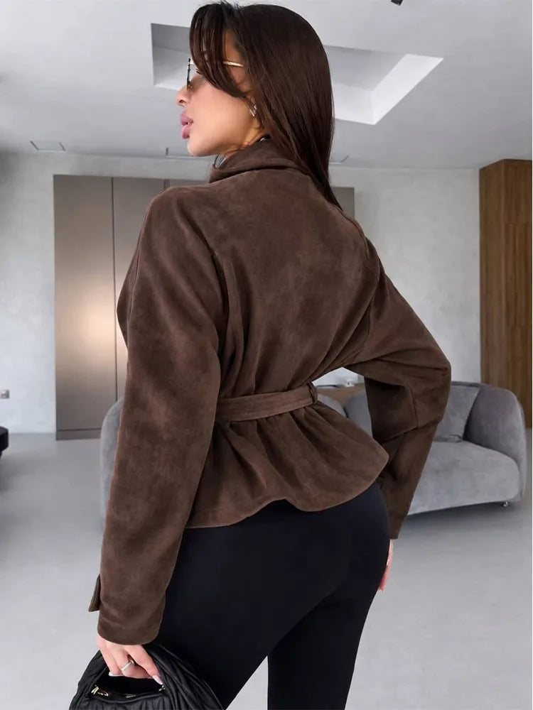 Elegant Suede Women Jacket Turn Down Collar Double Breasted Belt Waist Slim Jackets 2026 Autumn Winter Female Fashion Tops