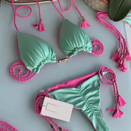 Nuovo Bikini da Donna Multicolore con Triangolo e Laccetti sulla Schiena platinumshop