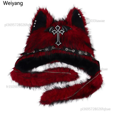 Fuzzy Faux Fur Cat Ear Ear Flap Hat, Gothic Edgy Design Plush Headwear, Fashion Warm Hat for Teens Cosplay & Daily Matching