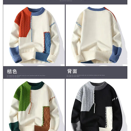 Autumn Winter Warm Mens Knitted Sweaters Fashion Patchwork O Neck Knit Pullovers Korean Streetwear Pullover Casual Mens Clothing