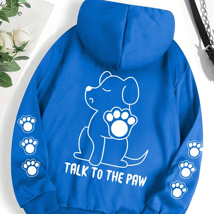 Talk To The Paw Funny Dog Cartoon Print Hoodie Women Warm Fleece Hoody Fashion Casual Hooded Autumn Loose Round Neck Woman Tops