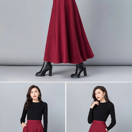 New Women Thick Woolen Skirt Autumn Winter Fashion Elastic High Waist A-Line Long Plaid Skirt Elegant Easy Match Wool Skirt PlatiNum