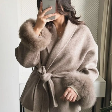 Women Grey Fur Splicing Woolen Coat Casual Belt Full Sleeve Lapel Loose Cardigan Outwear 2025 Lady Winter New Highstreet Jacket