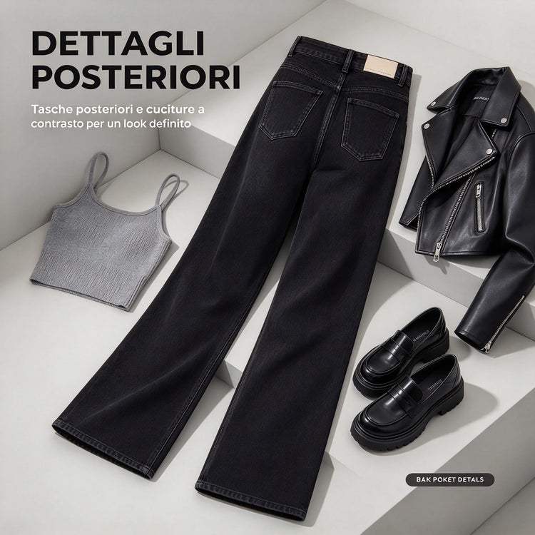 Minimalist black high-waisted straight-leg women’s jeans, in a relaxed-fit black denim with an elegant, casual style, perfect for a casual office look and versatile everyday wear FX-1338-1