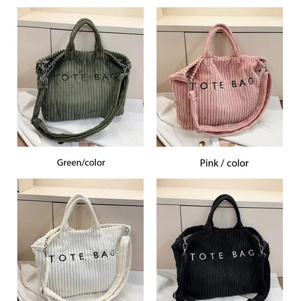 Simple Letter Soft Corduroy Shoulder Bags for Women Versatile Large Capacity Ladies Crossbody Bag Portable Female Handbags Tote PlatiNum