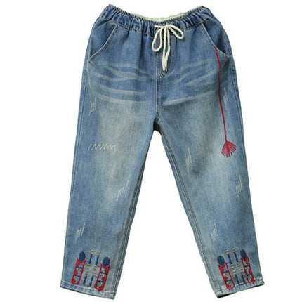 AmaxluluE Jeans larghi strappati da donna alla moda estiva Pantaloni in denim ricamati per il tempo libero da donna Pantaloni Harem elastici da donna vintage