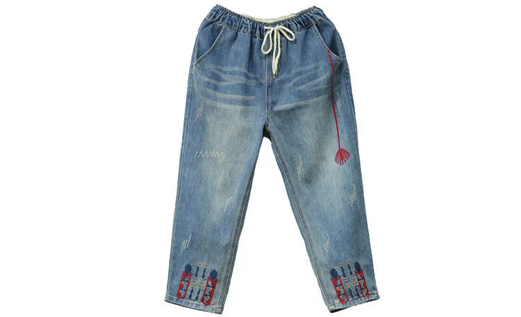 AmaxluluE Jeans larghi strappati da donna alla moda estiva Pantaloni in denim ricamati per il tempo libero da donna Pantaloni Harem elastici da donna vintage