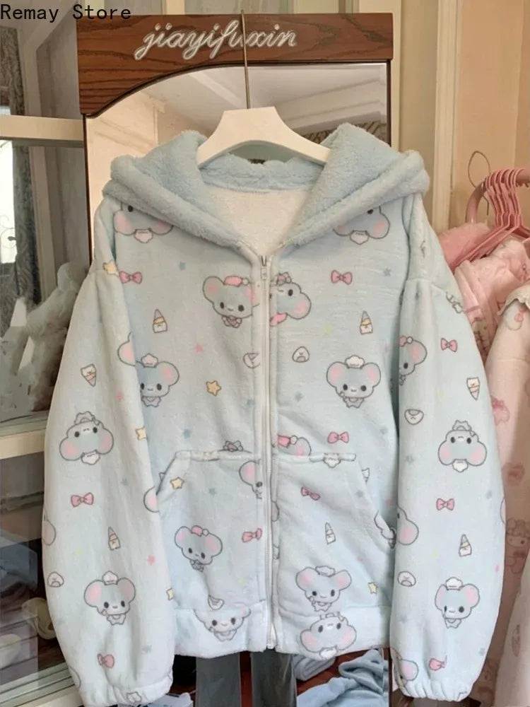 Autumn Winter Japanese Kawaii Harajuku Womens Coat Thicken Blue Sweet Cute Loose Hoodies Design Coral Fleece Korean Sweatshirts