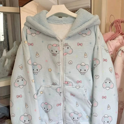Autumn Winter Japanese Kawaii Harajuku Womens Coat Thicken Blue Sweet Cute Loose Hoodies Design Coral Fleece Korean Sweatshirts